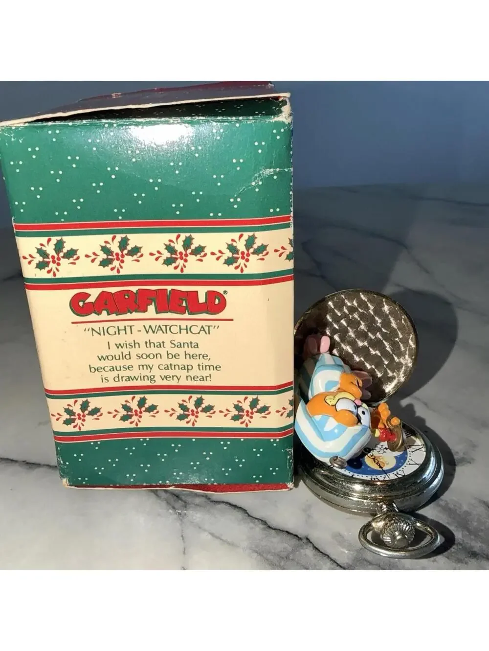 Garfield Enesco Christmas Ornament Vintage Night Watchcat Pocketwatch 558362 Box